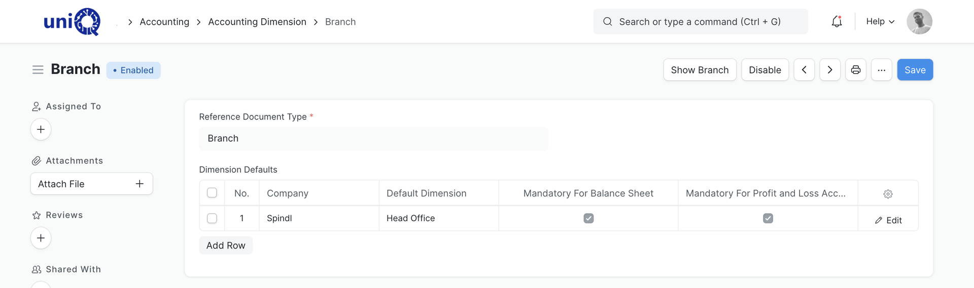 Accounting dimension setup screen for a branch dimension