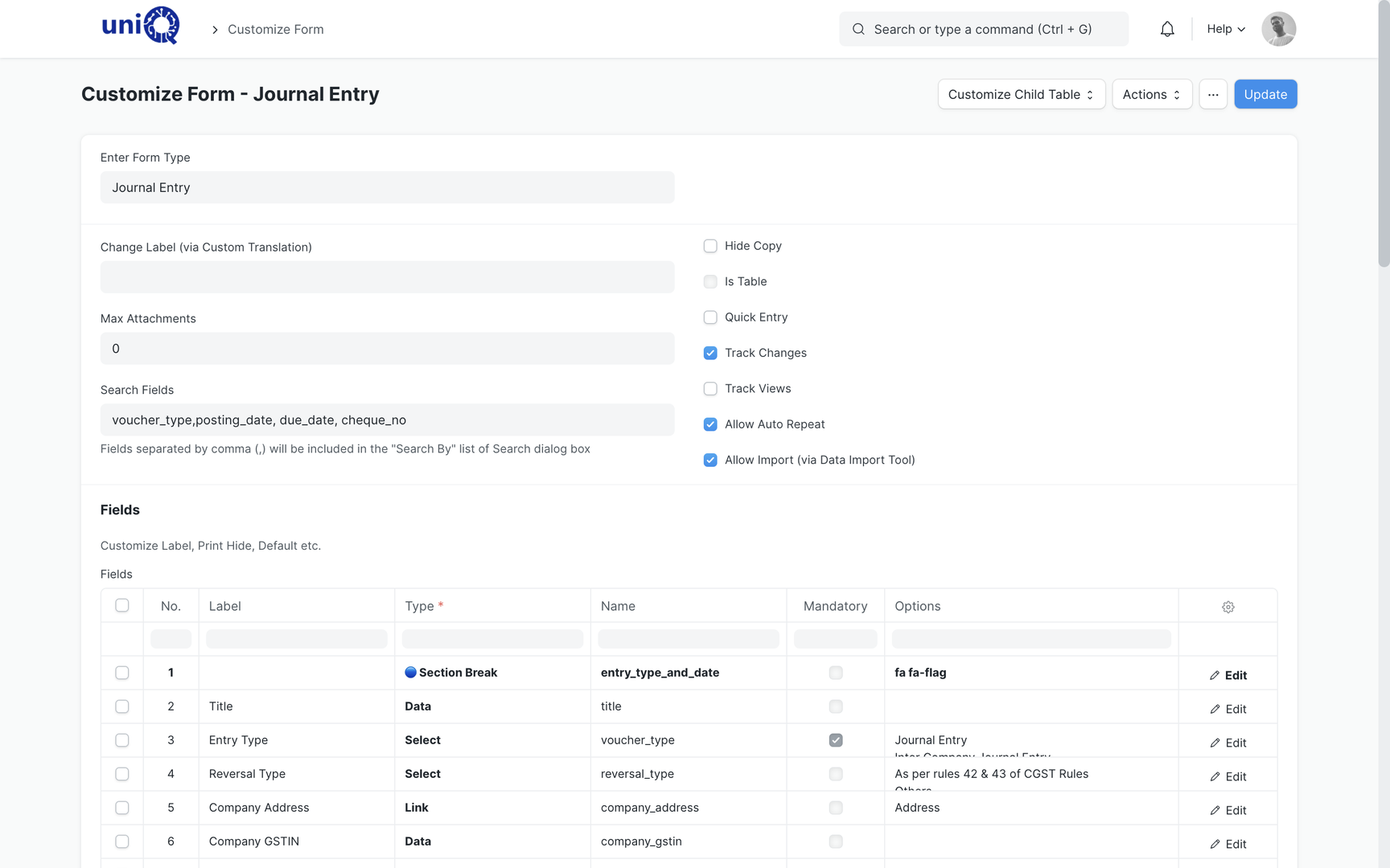 Customize Form screen used to add fields to a document