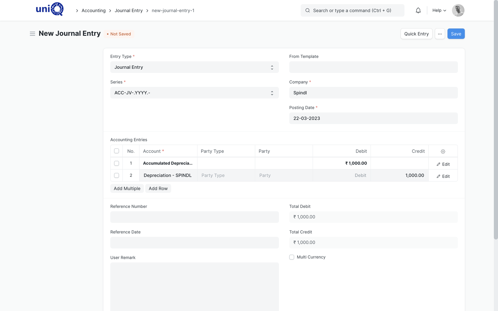 New journal entry form with debit and credit rows