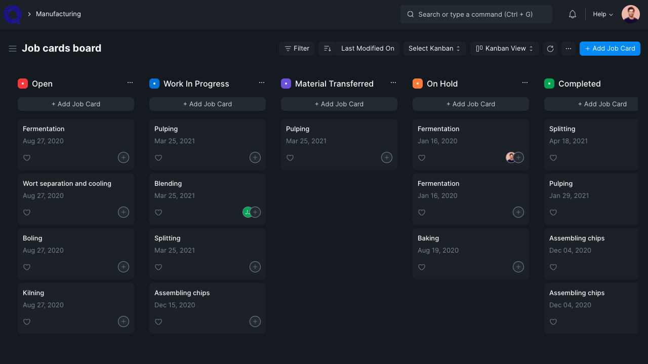 Kanban board of jobs by status
