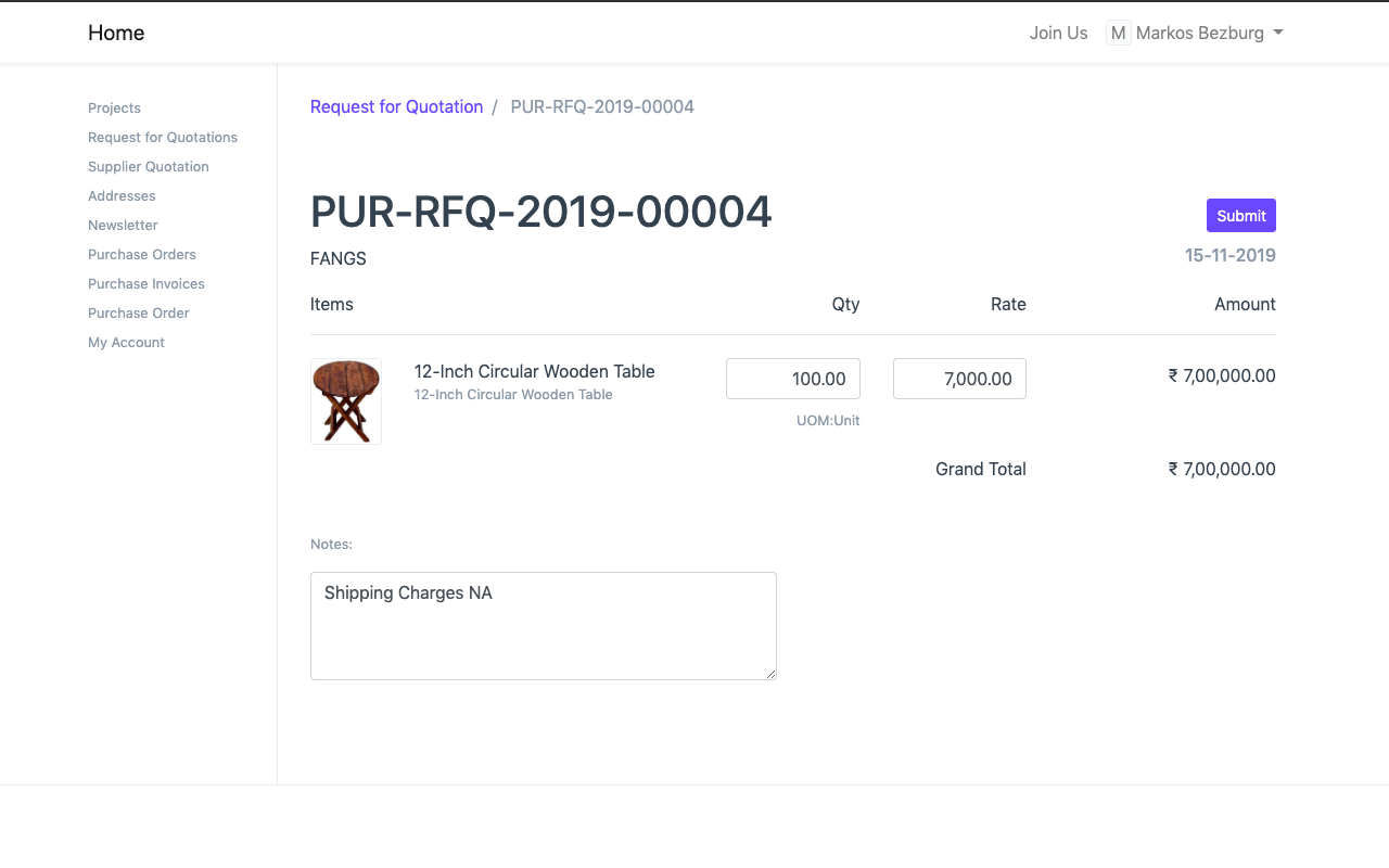 Supplier portal showing a request for quotation where the supplier enters quantity and rate